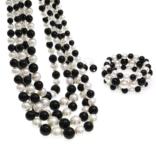 Faux Big Pearl Srand Necklaces for Women 5 Layers Pearls Choker Bib Collar Necklace Bracelet and Earrings set 1920s Costume Pearl Jewelry Bridal Wedding - color: black white