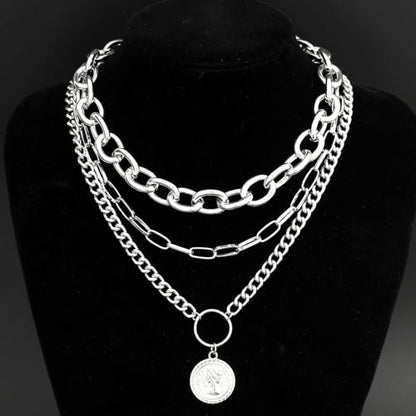 Gold Chunky Layered Coin Necklaces for Women Trendy Cuban Link Paperclip Chains Necklace Stack Coin Pendant Necklace Set Jewelry Gifts - color: Silver