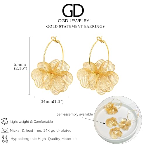 OGD Chunky Gold Statement Earrings For Women Trendy Gold Plated Sectored Flower Leaf Angel Wing Earrings Large Stud Jewlery Hypoallergenic - color: Flora Hoop-Gold