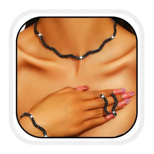 Aukmla Rhinestones Bridal Wedding Jewelry Set Choker Necklaces Earrings Bracelet Sets Prom Jewelry for Women and Brides - color: Black