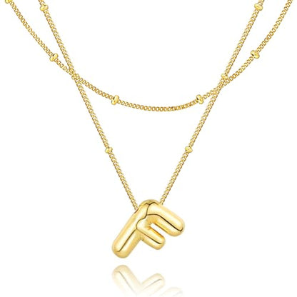 Bubble Letter Necklace for Women, 14k Gold Plated Initial Letter Pendant Necklace Personalized Jewelry A - Z 26 letters - style: Gold-F