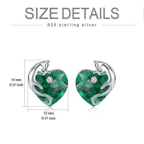 AOBOCO 925 Sterling Silver Cute Cat Studs Earrings for Women | Heart Crystals from Austira Cats Jewelry Gifts for Cat Lovers - color: Emerald Green