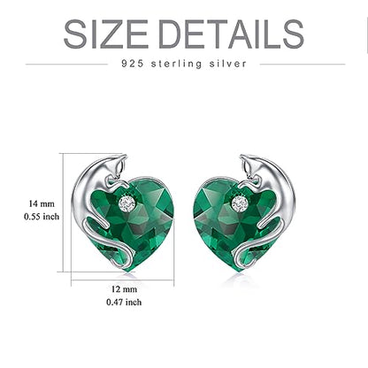 AOBOCO 925 Sterling Silver Cute Cat Studs Earrings for Women | Heart Crystals from Austira Cats Jewelry Gifts for Cat Lovers - color: Emerald Green