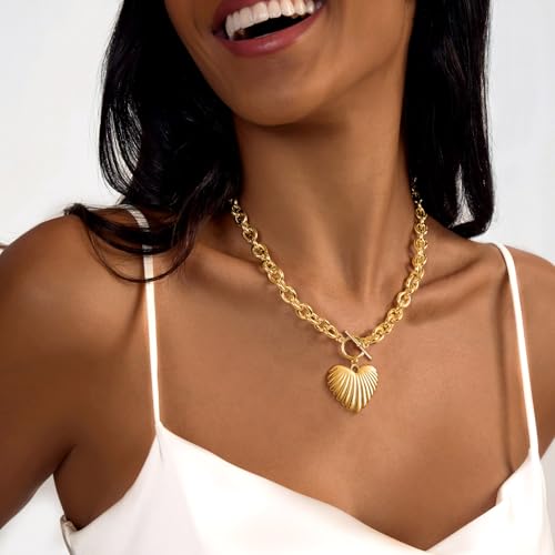 Zeffy 14K Gold/Silver Plated Chunky Thick Chain Toggle Clasp Necklace Dainty Baroque Pearl/Heart/Cross/Turquoise Pendant Necklace - color: Gold Big Shell Heart Necklace