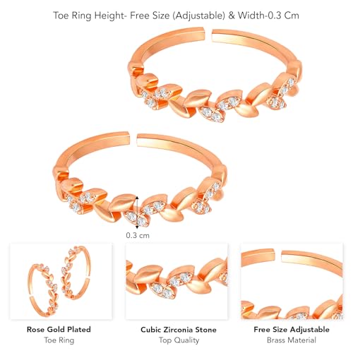 Aheli Cubic Zirconia Studded Leaf Style Adjustable Toe Ring Bichiya Fancy Jewellery for Women - color: Rose Gold