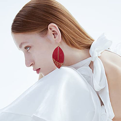 Bohemian Handmade Lightweight Color Large Genuine Soft Leather Fringe Feather Leaf Tear Dangle Drop Earrings for Women Statement - color: 2-Red
