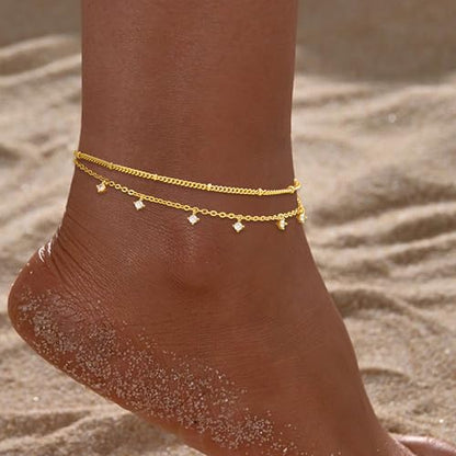 Gold/Sterling Silver Anklet Bracelets for Women Waterproof, Non Tarnish 925 Sterling Sliver Plated Heart Evileye Butterfly Charm, Dainty Summer Beach Anklets for Women, Beach Vacation Bikini Outfits for Her Mom - style: CZ-Gold