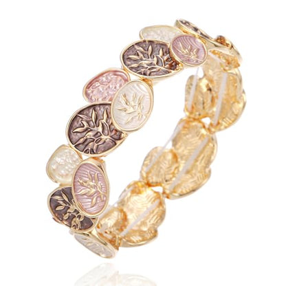 LUREME Oval Enamel Leaf Bracelet, Earth Tone & Jade Green Stretch Cuff, 3D Gold Branch Design, Elastic Bangle for Women, Nature-Inspired Jewelry(bl003693) - color: Brown & Blush Earth Tones
