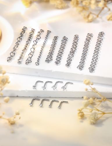 20/18G Nose Rings Chain Across Nose Piercings for Women Men Surgical Steel Double Chains Corkscrew l Shaped Bar - size: L Shape, 18g(1.0mm)