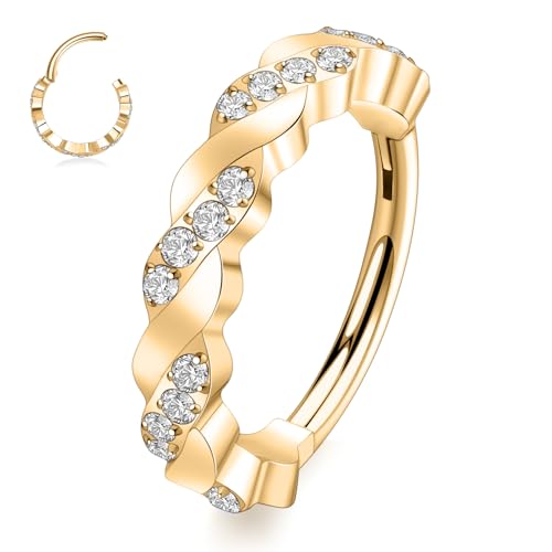 FUNLMO 316L Surgical Steel Nose Ring Septum Ring Cube Zircon Cartilage Earring Conch Tragus Helix Rook Daith Piercing Jewelry - style: 16G 8mm, Gold,crossover CZ
