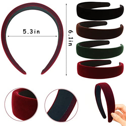 4Pcs Black Velvet Headband for Women Girls Wide Hairbands Pack Non Slip Thick Headband Set Adult Red Brown Green Padded Hair Band Fashion Soft Headbands for Long Short Thin Curly Hair Christmas Gift - color: 4Pcs Velvet Headband Set