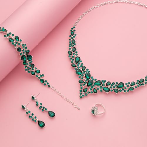 Paxuan Crystal Bridal Wedding Jewelry Sets for Women Rhinestone Teardrop Crystal Statement Choker Necklace Drop Earrings Link Bracelets Rings Teardrop Jewelry Set for Brides Bridesmaids - color: Silver Plated Emerald Green Crystal