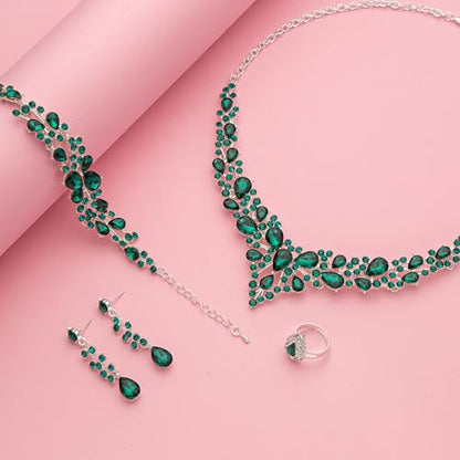 Paxuan Crystal Bridal Wedding Jewelry Sets for Women Rhinestone Teardrop Crystal Statement Choker Necklace Drop Earrings Link Bracelets Rings Teardrop Jewelry Set for Brides Bridesmaids - color: Silver Plated Emerald Green Crystal