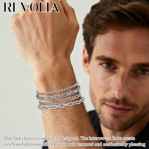 REVOLIA 8Pcs Stainless Steel Chain Bracelets for Men Women Cuban Link Bracelets Paperclip Figaro Rope Chain Bracelets Set 6.8-9 Inches - color: Silver