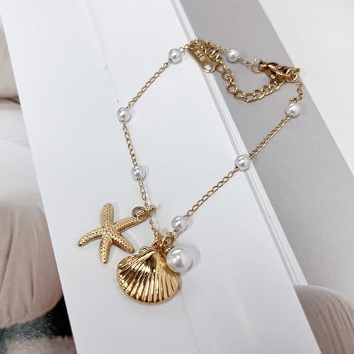 Dainty Shell Starfish Bracelet Anklet Charm Pearl Beads Seashell Gold-Tone Plated Stainless Steel Boho Anklet Foot Jewelry for Women Fashion boho Summer Beach Accessories Eternity Gift Valentine's Day