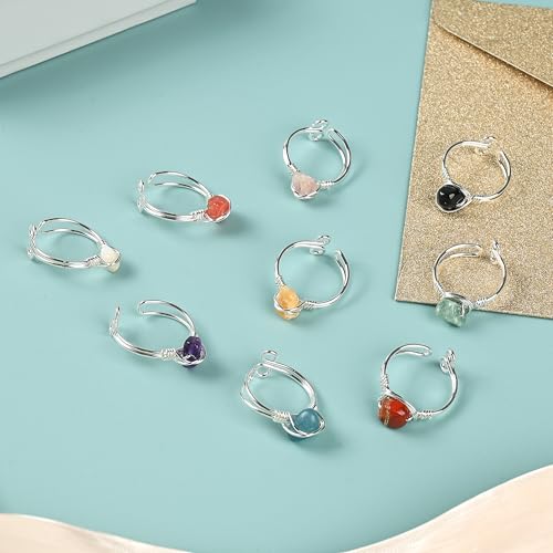 9 PCS Healing Crystal Ring, Adjustable Wire Wrapped Rings Irregular Gemstone Rings Set for Women - color: Silver-Style B