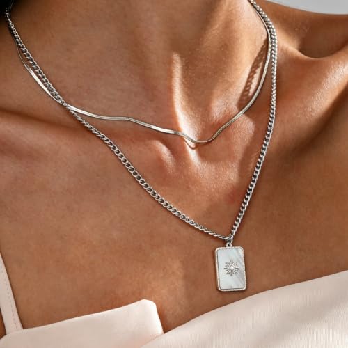 CTRLZTEAM Layered Necklaces for Women Gold Silver Snake Chain Pendant - style: Double Layer Square Shell Necklace - Silver