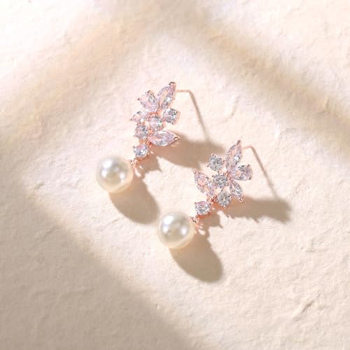 Crysdue Simulated Pearl Earrings for Women, Dainty Silver/Gold/Rose Gold Plated Cubic Zirconia Drop Dangle Earrings Wedding Jewelry for Bride Bridesmaid - style: A- CZ+pearl, rose gold