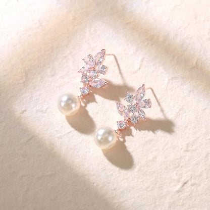 Crysdue Simulated Pearl Earrings for Women, Dainty Silver/Gold/Rose Gold Plated Cubic Zirconia Drop Dangle Earrings Wedding Jewelry for Bride Bridesmaid - style: A- CZ+pearl, rose gold