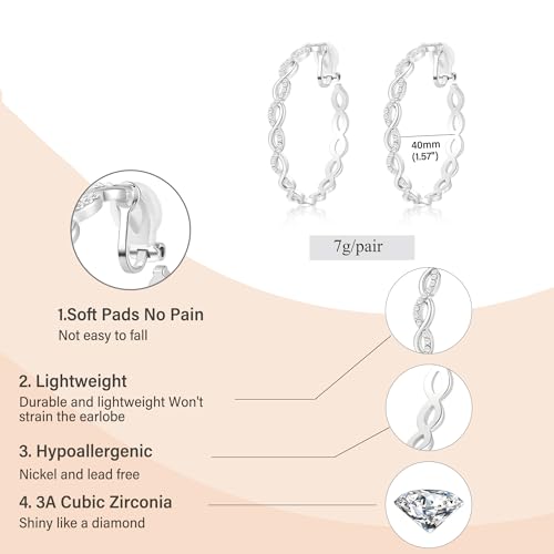 Clip On Hoop Earrings for Women Lightweight - Silver Twisted Clip-on Hoop Earings With Cubic Zirconia Fake Non Pierced Ears Jewelry - style: CZ-S40mm