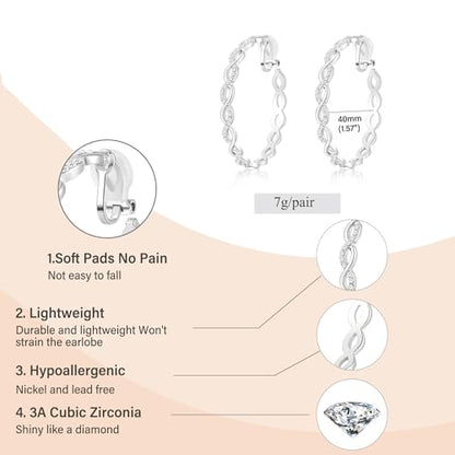 Clip On Hoop Earrings for Women Lightweight - Silver Twisted Clip-on Hoop Earings With Cubic Zirconia Fake Non Pierced Ears Jewelry - style: CZ-S40mm