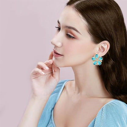 Bohemian Sparkly Crystal Flower Sliver Lightweight Stud Earrings Peach Blossom Rhinestone Floral Dangle Earrings For Women Jewelry Gifts - color: Blue