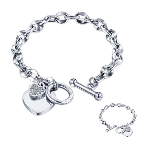Heart Charm Bracelet Plated 18K Gold/Silver/Rose Gold Bible Scripture Heart Bracelet for Women Jewelry Gift Zircon Her Link Chain OT Clasp Stainless Steel Birthday - color: Silver-Zircon, size: 7.1 inch