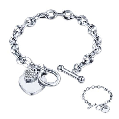 Heart Charm Bracelet Plated 18K Gold/Silver/Rose Gold Bible Scripture Heart Bracelet for Women Jewelry Gift Zircon Her Link Chain OT Clasp Stainless Steel Birthday - color: Silver-Zircon, size: 7.1 inch