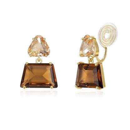 Flyonce Brown Earrings for Women, Sparkly Rhinestone Crystal Hypoallergenic Simple Dainty Small Triangle Drop Dangle Earring for Formal Summer Holiday - style: Clip-on