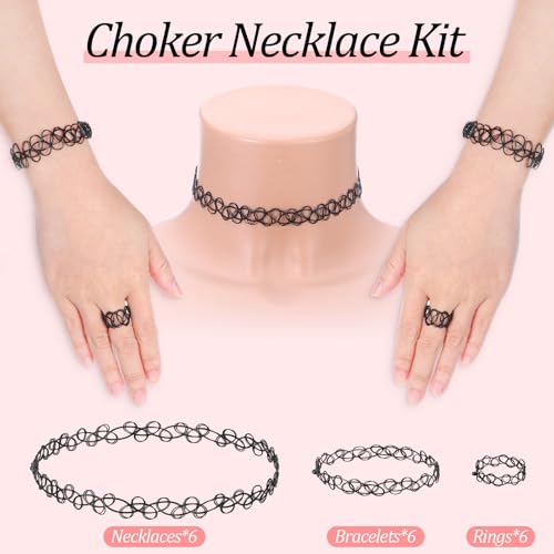 18 Pcs 90s Tattoo Choker Necklace, Bracelet & Ring Set Stretch Gothic Black Lace Vampire Accessories Retro Grunge Aesthetic Tattoo Effect Jewelry Accessories for Women - color: Black