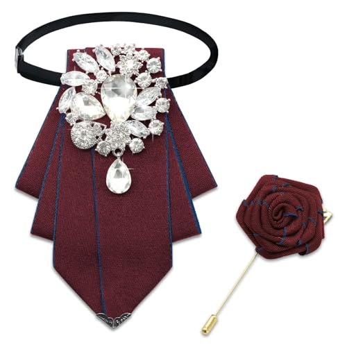 LJBFNN Bow Ties for Men Women, Pre-tied Bow Tie and Lapel Pin Set Crystal Rhinestone Bowties Men Women Wedding Party Prom - color: Red