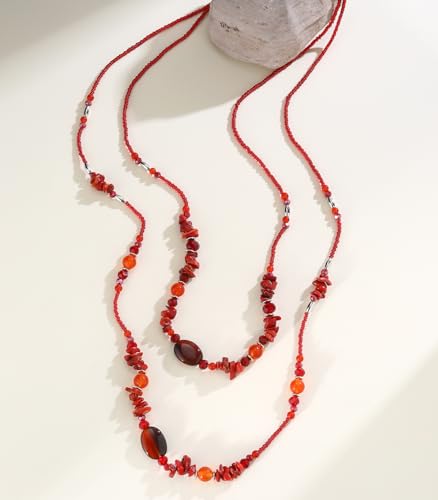 Noessla Boho Long Beaded Necklaces for Women Double Layer Chunky Irregular Stone Beads Strand Statement Jewelry Mothers Day Gifts - color: Red
