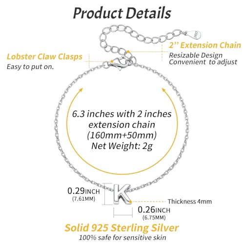 ChicSilver Initial Bracelet for Women 925 Sterling Silver Letter Initial Bracelet Dainty Personalized 26 Alphabet Jewelry Gifts for Birthday Anniversary Wedding - style: K