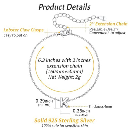 ChicSilver Initial Bracelet for Women 925 Sterling Silver Letter Initial Bracelet Dainty Personalized 26 Alphabet Jewelry Gifts for Birthday Anniversary Wedding - style: K
