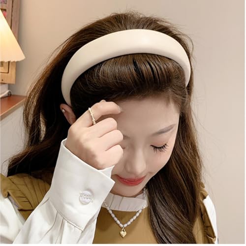 3 Pack Padded Leather Headbands for Women - Fashion Wide Non-Slip Hair Hoops - color: Black, white,Brown-B