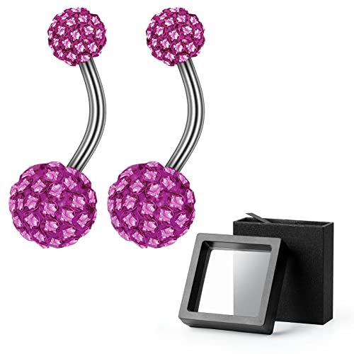 2-Piece 14G Belly Button Rings, Rhinestone Disco Balls | Hypoallergenic stainless steel with 5mm top and 8mm bottom rhinestone balls, gift-boxed navel piercing jewelry for women - color: Purple