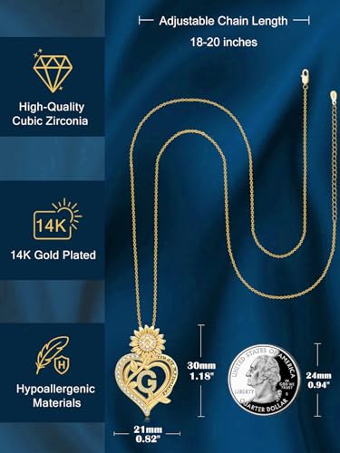 14K Gold Sunflower Initial Necklaces for Women | Heart Letter Pendant You Are My Sunshine Jewelry Gifts - style: G