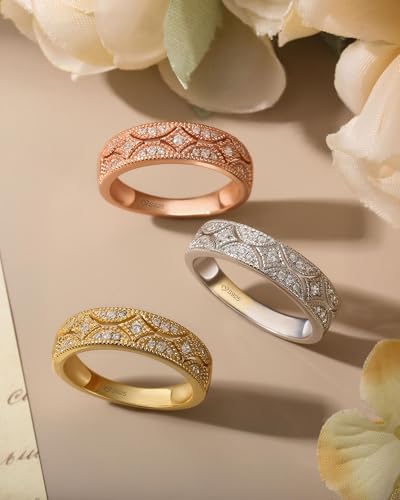 Jeulia Womens Wide Eternity Ring Wedding Band, Milgrain Round Cut 18k White Gold Plated Eternity Band Ring Romantic Birthday Anniversary Jewelry with Gift Box - color: Yellow