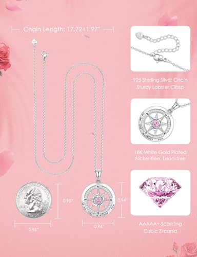 Meeshi Silver Compass Necklace for Women Birthday Gifts for Wife Anniversary Necklace for Women Rose Flower Birthstone Necklaces for Wife Jewelry for Womens Girlfriend Mom Daughter - style: 10-October-Tourmaline
