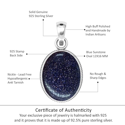 Chunky Natural Gemstone Pendant Necklace For Women Onyx, Turquoise, Amber, Garnet Oval Boho Genuine 925 Sterling Silver Handmade Jewelry - color: Blue Sunstone