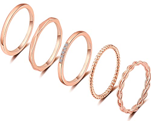 ZOERAY 5 PCS 14K Gold Plated Gold Stacking Rings for Women Knuckle Rings Filled Fashion Plain Band Rings Thin Silver Comfort Fit Size 5 to 9 - color: Rose Gold