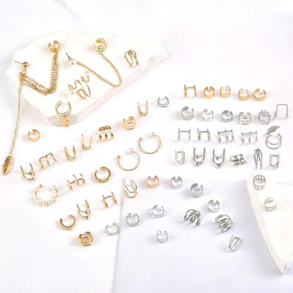 60 Pcs Ear Cuff Earrings for Women Non Piercing Helix Cartilage Silver Gold Plated Clip on Earrings Ear Wrap Earring for Sensitive Ears Women Men Fake Earring Set
