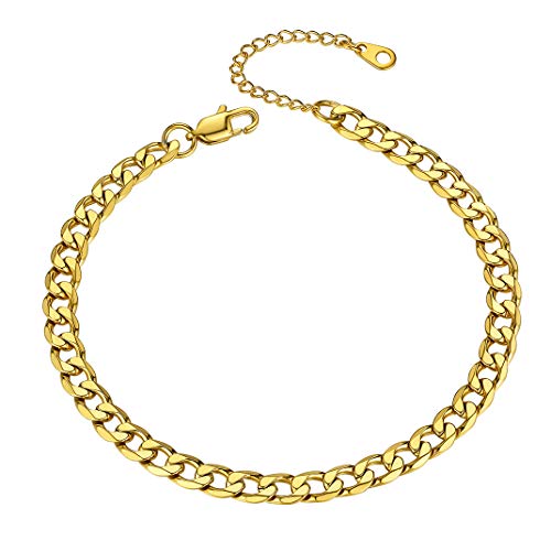 Adjustbale Link Chain Anklet for Women Summer Jewelry, 316L Stainless Steel Figaro/Wheat/Twist Rope/Cuban Foot Bracelet-Waterproof, Resizable 9"-12" (Gift Box Included) - color: 2, Cuban - Gold