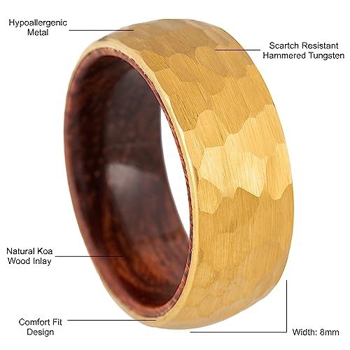 8mm Tungsten Carbide Genuine Natural Koa Wood Inner Inlay Ring Black/Gold/Silver/Rose Gold Wedding Band Hammered Textured Flat Style Comfort Fit Gift Box Included - color: Hammered Gold Tungsten