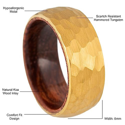 8mm Tungsten Carbide Genuine Natural Koa Wood Inner Inlay Ring Black/Gold/Silver/Rose Gold Wedding Band Hammered Textured Flat Style Comfort Fit Gift Box Included - color: Hammered Gold Tungsten