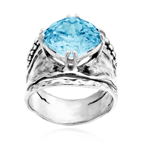 JEAN RACHEL JEWELRY 925 Sterling Silver Prong Solitaire Ring | Raised crown engagement style ring mounting a precision faceted brilliant Cubic Zirconia solitaire over stacked silver rows. - color: Aquamarine CZ