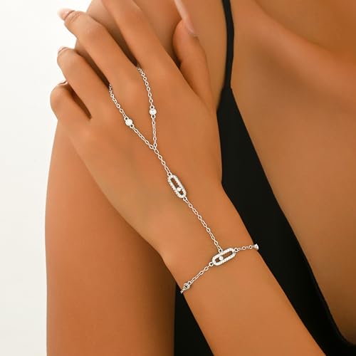 14K Gold Plated Paperclip Finger Chain Bracelet for Women | Adjustable Stackable Cubic Zirconia Hand Chain, Mother Daughter Birthday Wedding Jewelry Gifts - color: Silver