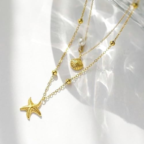Evabelle Gold Layered Necklace for Women Trendy Jewelry 14K Real Gold Plated Chunky Chain Stackable Necklaces Dainty Choker Necklaces Rectangle Square Pendant - color: Gold Necklace 07