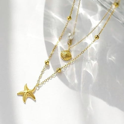 Evabelle Gold Layered Necklace for Women Trendy Jewelry 14K Real Gold Plated Chunky Chain Stackable Necklaces Dainty Choker Necklaces Rectangle Square Pendant - color: Gold Necklace 07