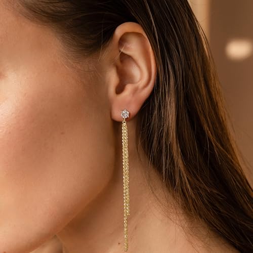 Robaice Long Gold Dangle Earrings for Women, 14K Plated Tassel Earring | Gold Chain Dangling Earrings, Trendy Drop Prom Earring, Lightweight Statement Party Jewelry, Gift for Women - style: D-CZ dangle drop tassel